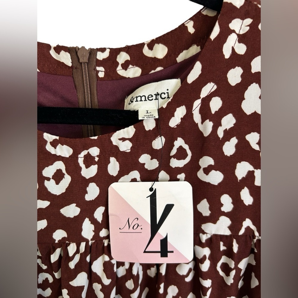 &merci Brown & White Leopard Ruffle Short Sleeve Swing Dress Size Large NWT - Picture 6 of 8